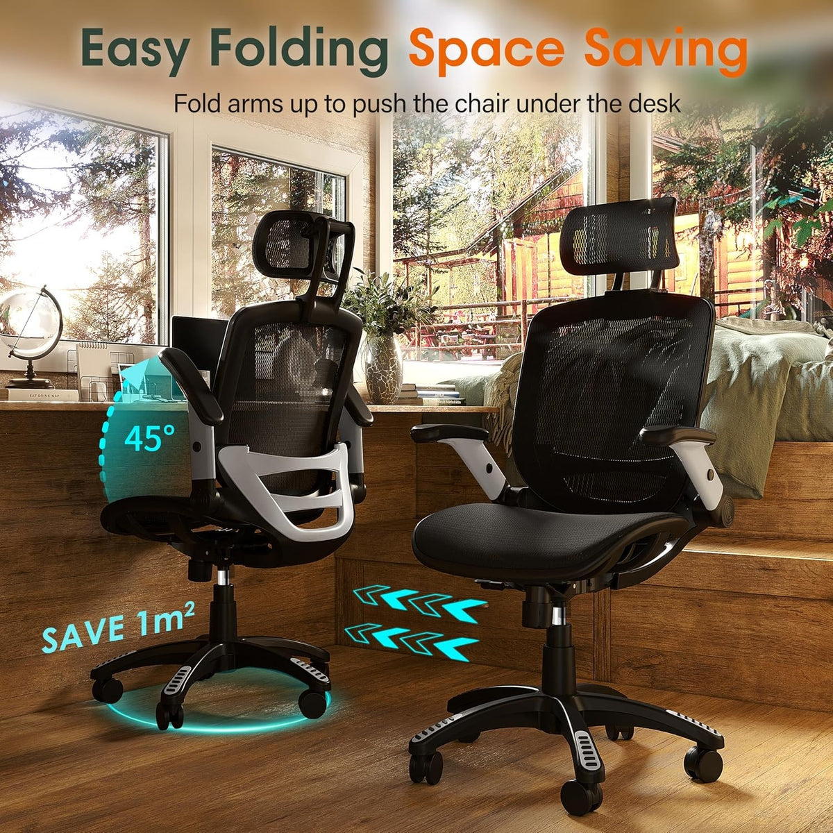 Beryl High-Back Ergonomic Mesh Office Chair with Headrest & Flip-Up Arms, Black
