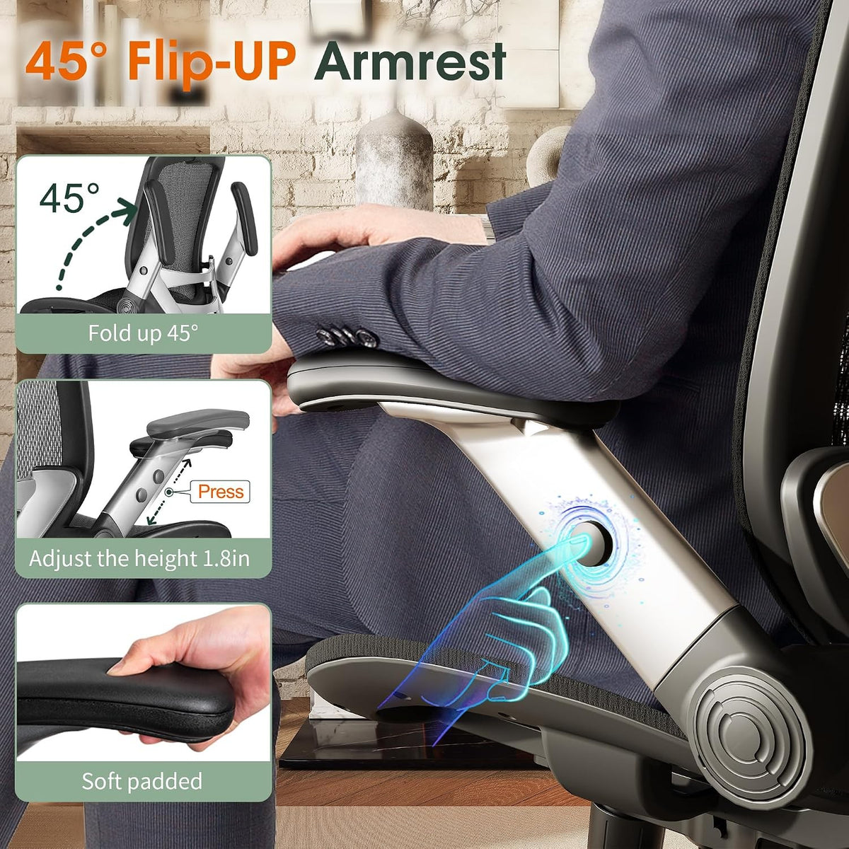 Beryl High-Back Ergonomic Mesh Office Chair with Headrest & Flip-Up Arms, Black