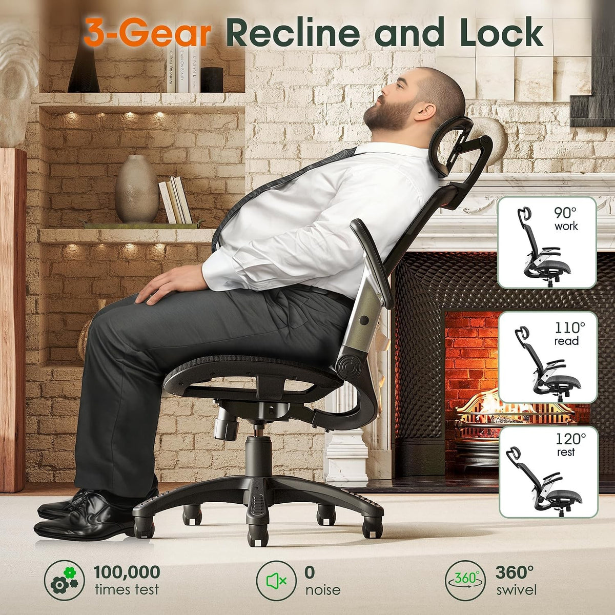 Beryl High-Back Ergonomic Mesh Office Chair with Headrest & Flip-Up Arms, Black