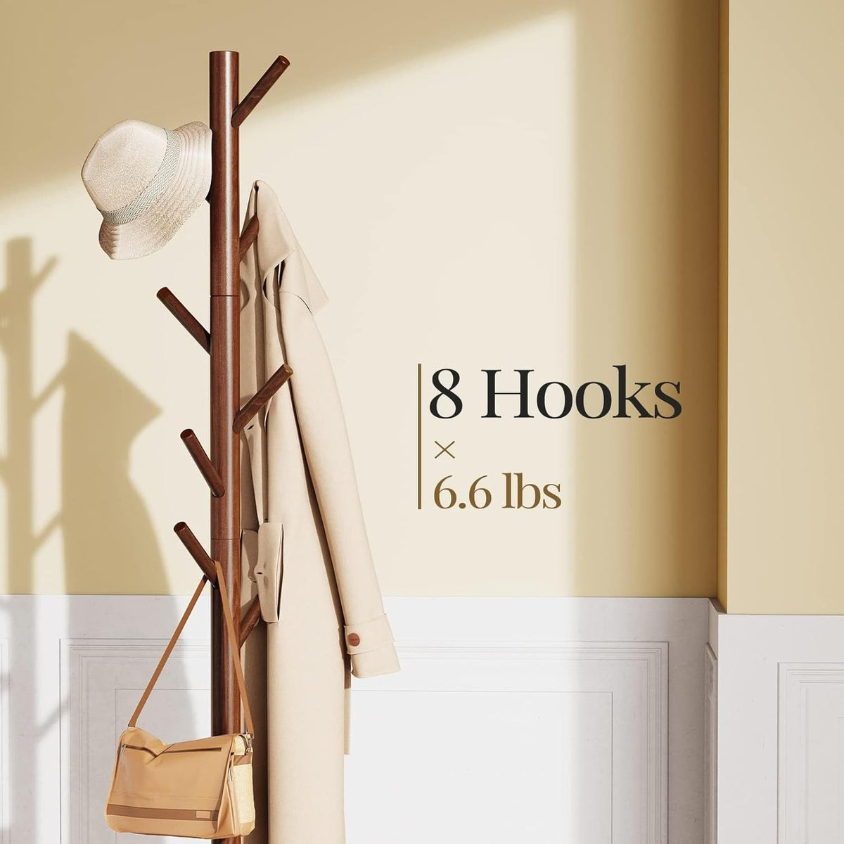 Euphemia Solid Pine Freestanding Coat Rack with 8 Hooks, Walnut Brown