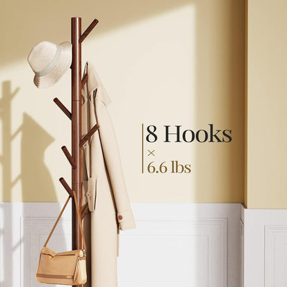 Euphemia Solid Pine Freestanding Coat Rack with 8 Hooks, Walnut Brown