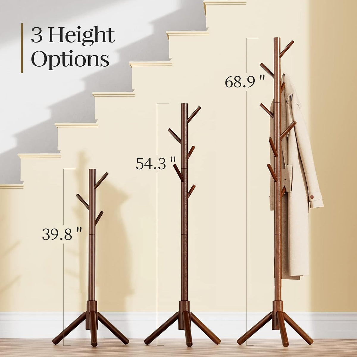 Euphemia Solid Pine Freestanding Coat Rack with 8 Hooks, Walnut Brown
