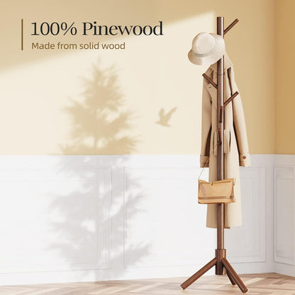 Euphemia Solid Pine Freestanding Coat Rack with 8 Hooks, Walnut Brown
