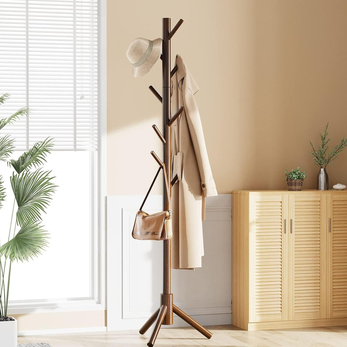 Euphemia Solid Pine Freestanding Coat Rack with 8 Hooks, Walnut Brown
