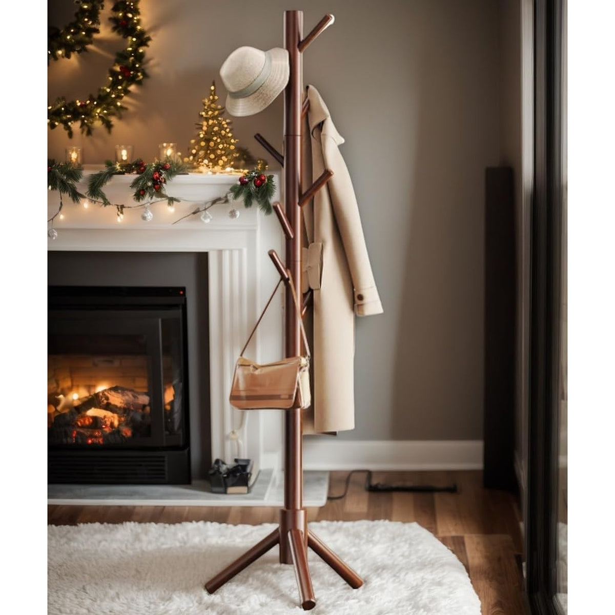 Euphemia Solid Pine Freestanding Coat Rack with 8 Hooks, Walnut Brown