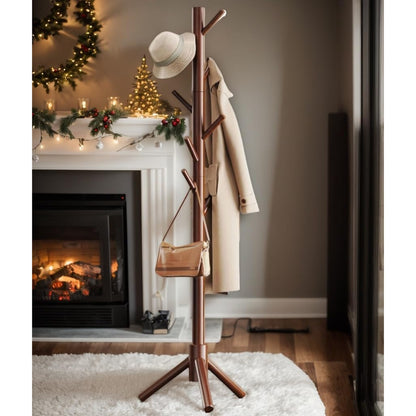 Euphemia Solid Pine Freestanding Coat Rack with 8 Hooks, Walnut Brown