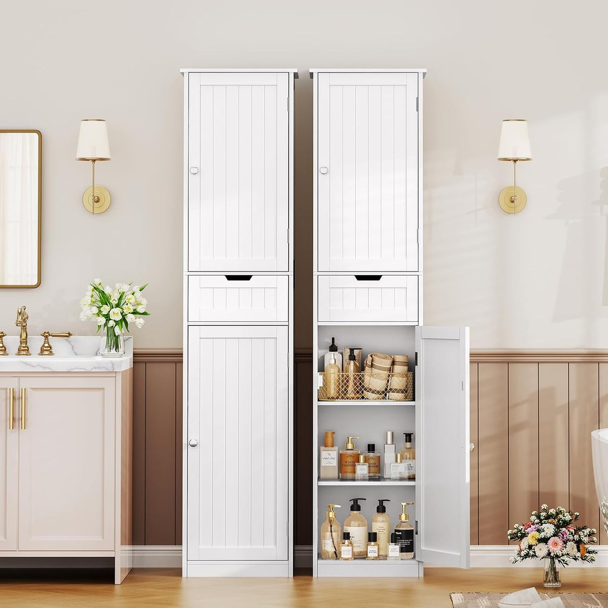 Ludmila 67" Tall Slim Linen Cabinet with 2 Doors & Drawer, White