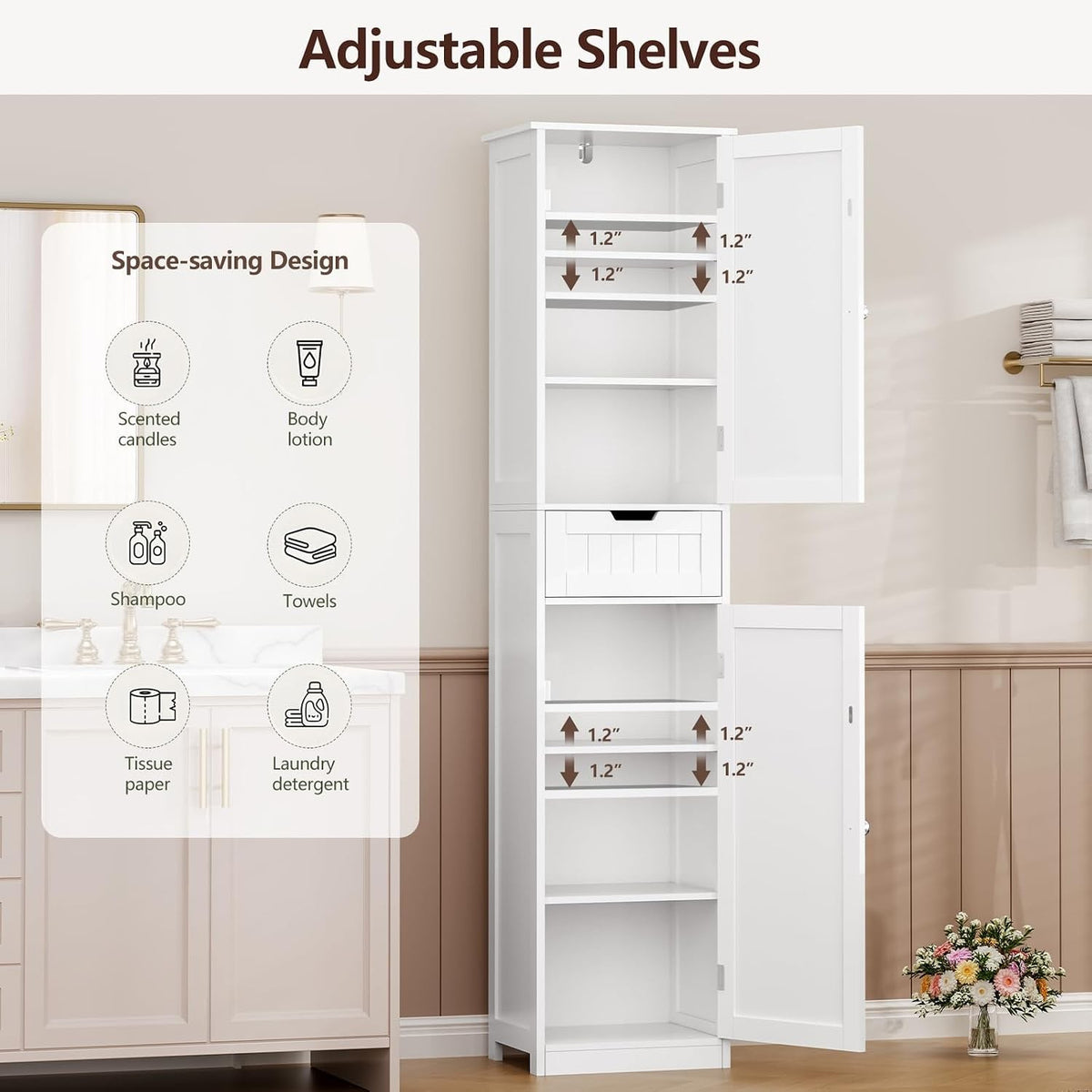 Ludmila 67" Tall Slim Linen Cabinet with 2 Doors & Drawer, White