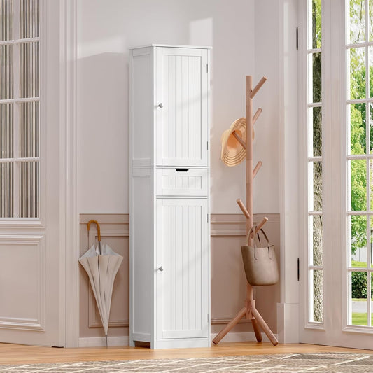 Ludmila 67" Tall Slim Linen Cabinet with 2 Doors & Drawer, White