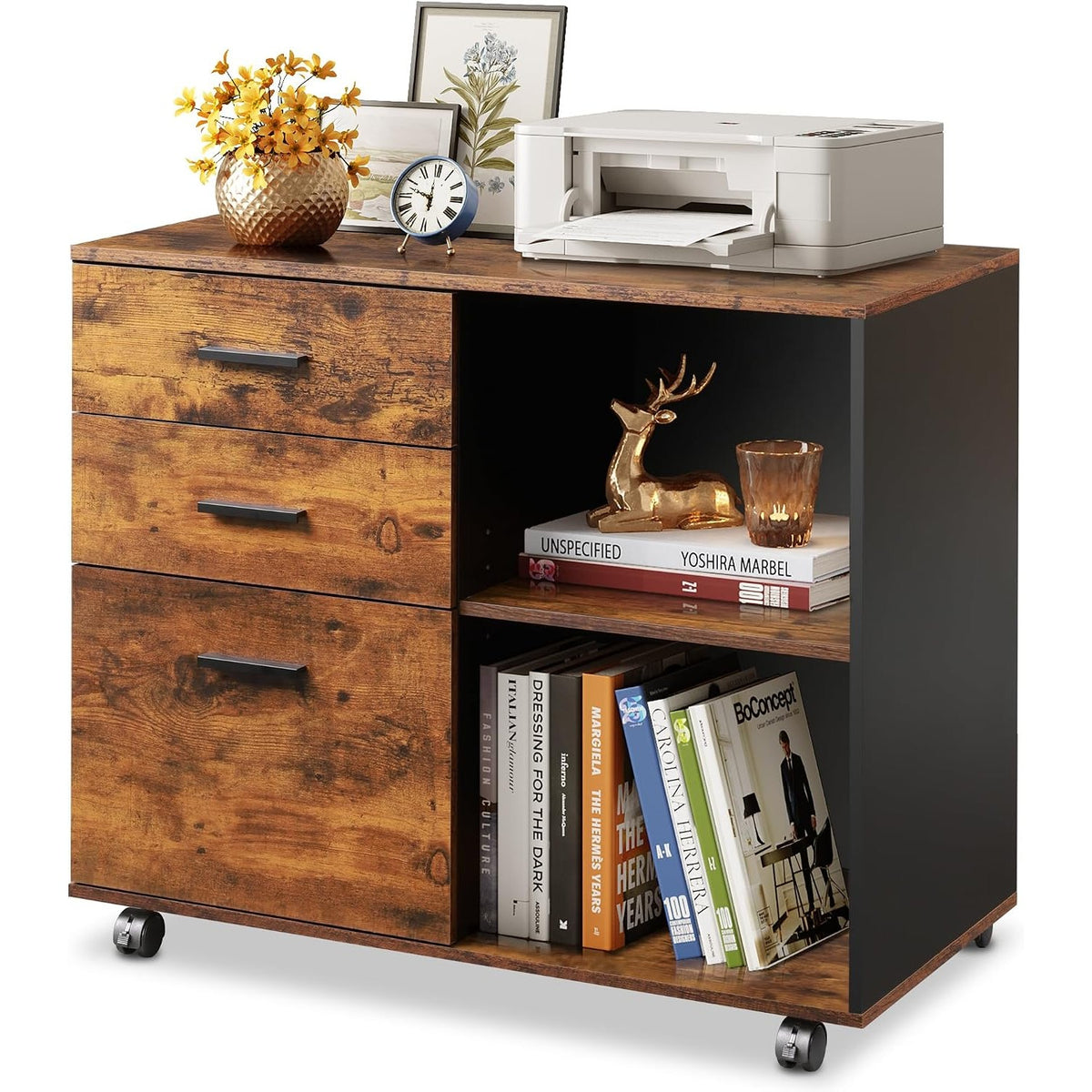 Arabella 3-Drawer Mobile Lateral File Cabinet with Open Shelves, Rustic Brown