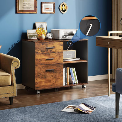 Arabella 3-Drawer Mobile Lateral File Cabinet with Open Shelves, Rustic Brown