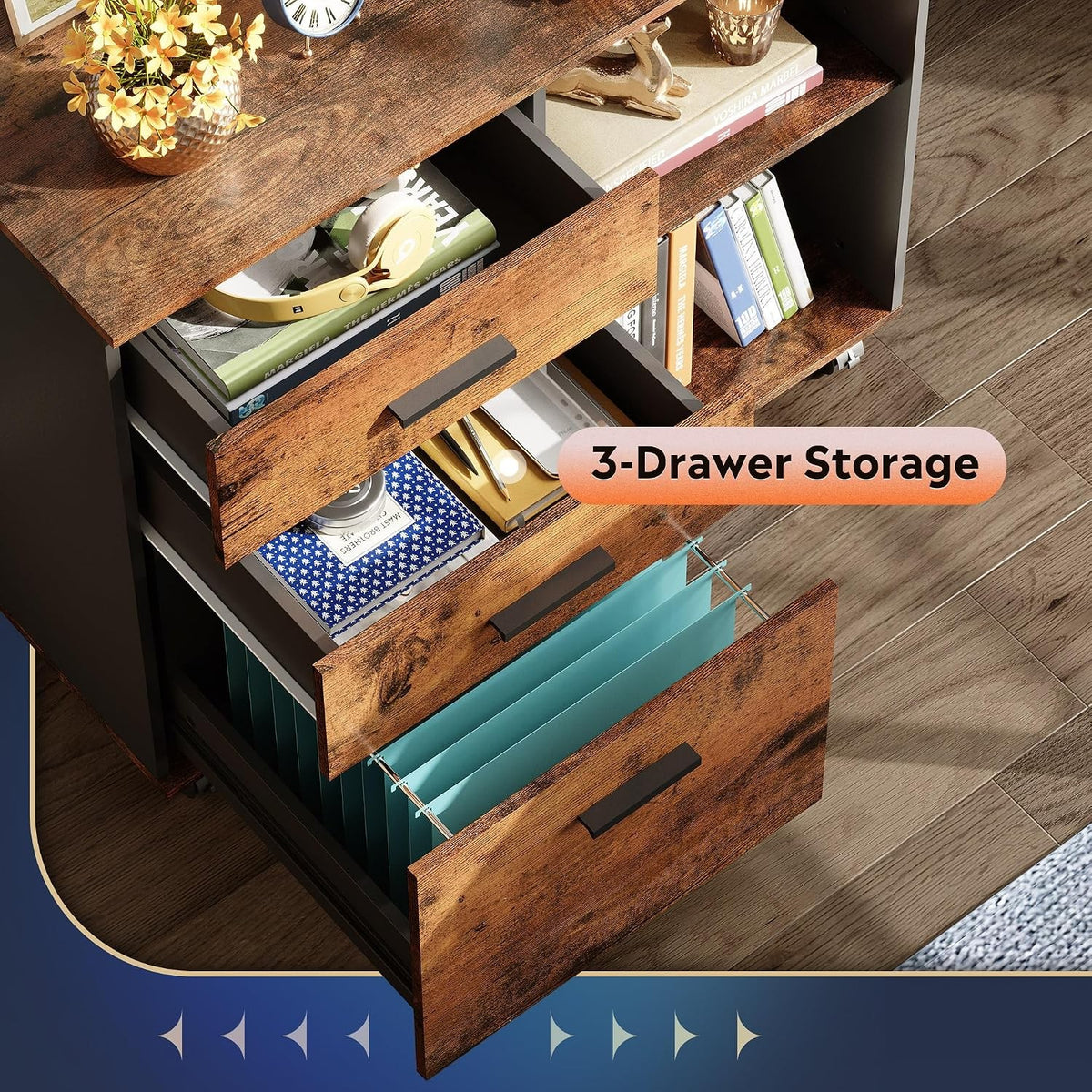Arabella 3-Drawer Mobile Lateral File Cabinet with Open Shelves, Rustic Brown