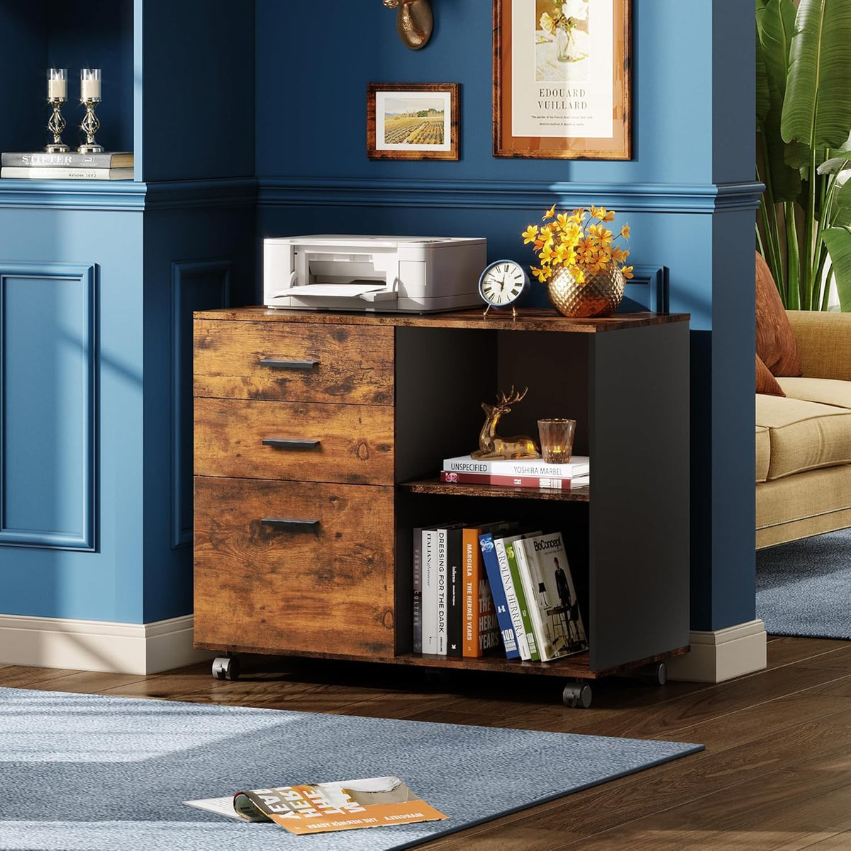 Arabella 3-Drawer Mobile Lateral File Cabinet with Open Shelves, Rustic Brown