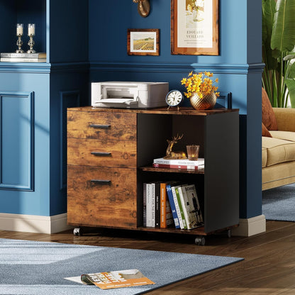 Arabella 3-Drawer Mobile Lateral File Cabinet with Open Shelves, Rustic Brown