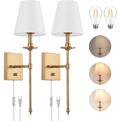 Plug In Wall Sconces Set of 2, Dimmable Brass Wall Lights with White Fabric Shades, LED Bulbs Included – Marisela