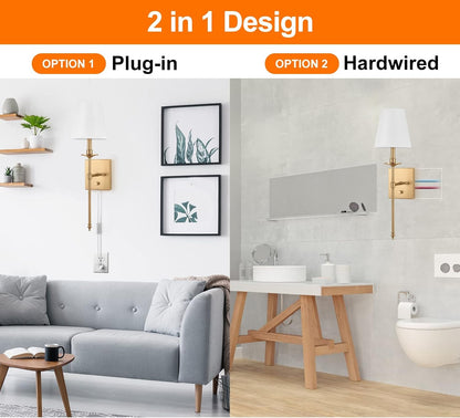Plug In Wall Sconces Set of 2, Dimmable Brass Wall Lights with White Fabric Shades, LED Bulbs Included – Marisela