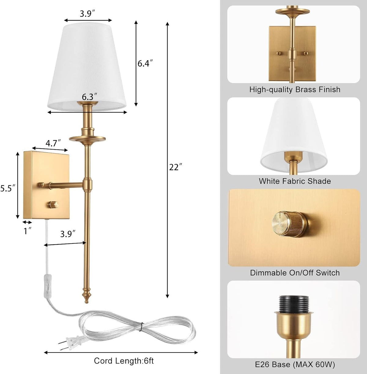 Plug In Wall Sconces Set of 2, Dimmable Brass Wall Lights with White Fabric Shades, LED Bulbs Included – Marisela