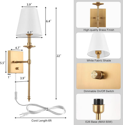 Plug In Wall Sconces Set of 2, Dimmable Brass Wall Lights with White Fabric Shades, LED Bulbs Included – Marisela