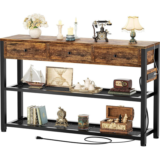 Coralie 47" Rustic Entryway Table with Outlets & 3 Drawers
