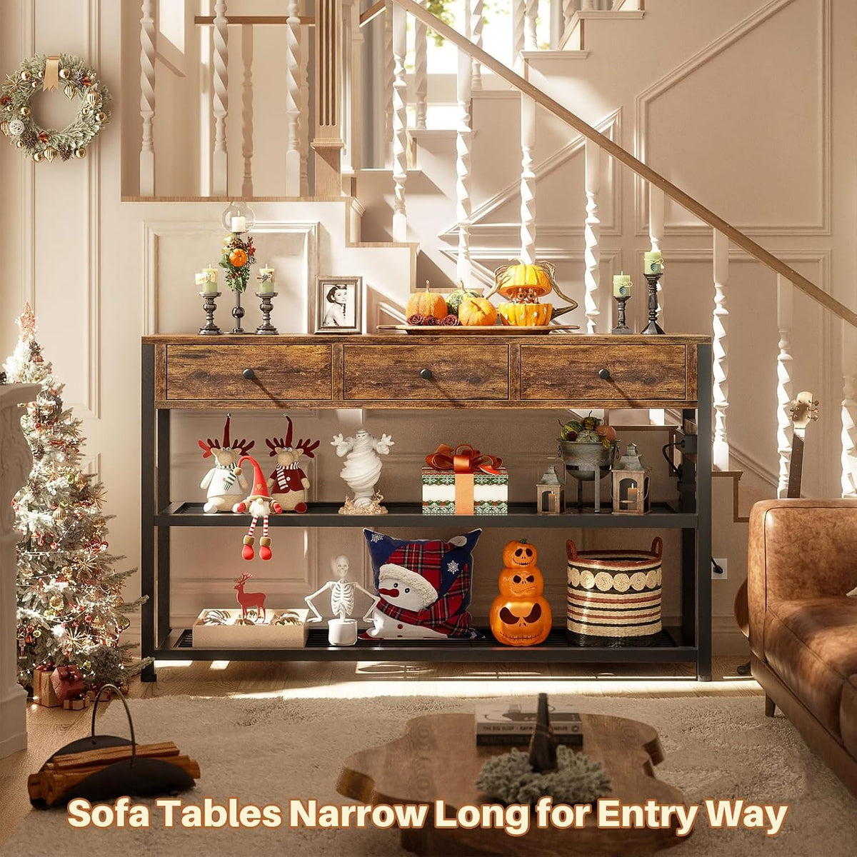 Coralie 47" Rustic Entryway Table with Outlets & 3 Drawers