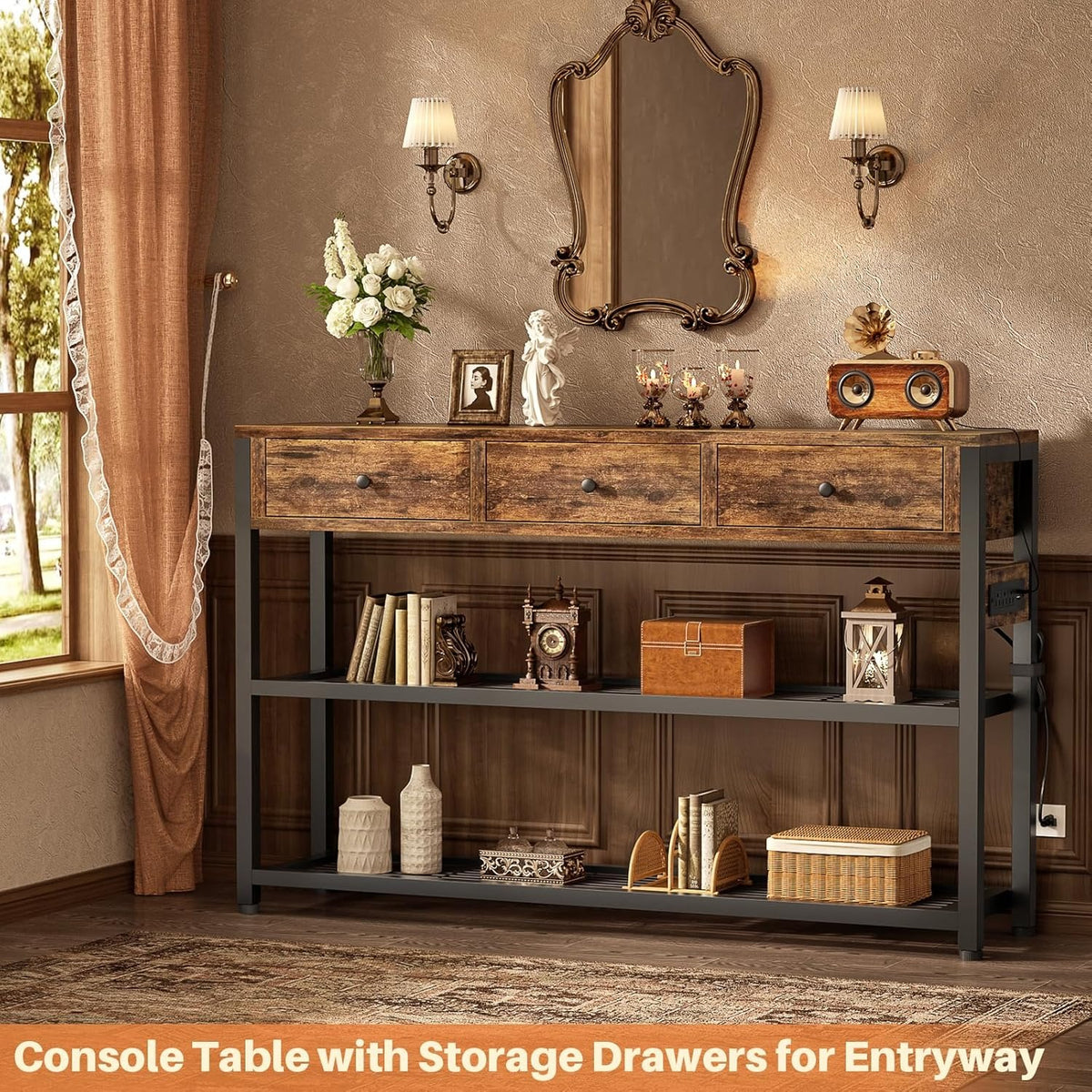 Coralie 47" Rustic Entryway Table with Outlets & 3 Drawers