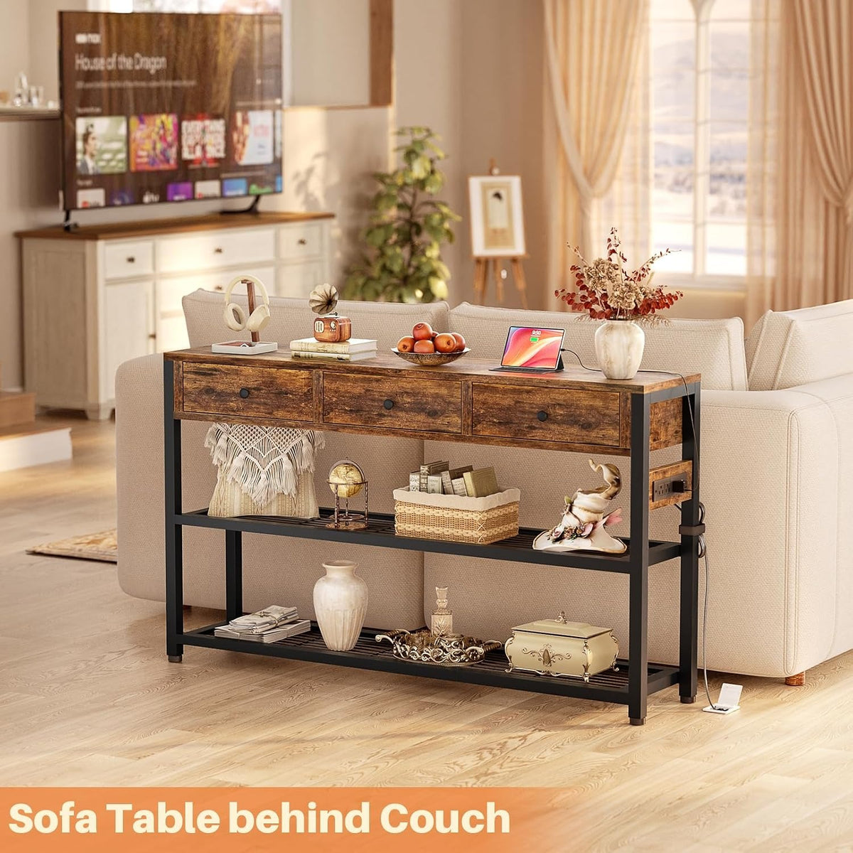 Coralie 47" Rustic Entryway Table with Outlets & 3 Drawers