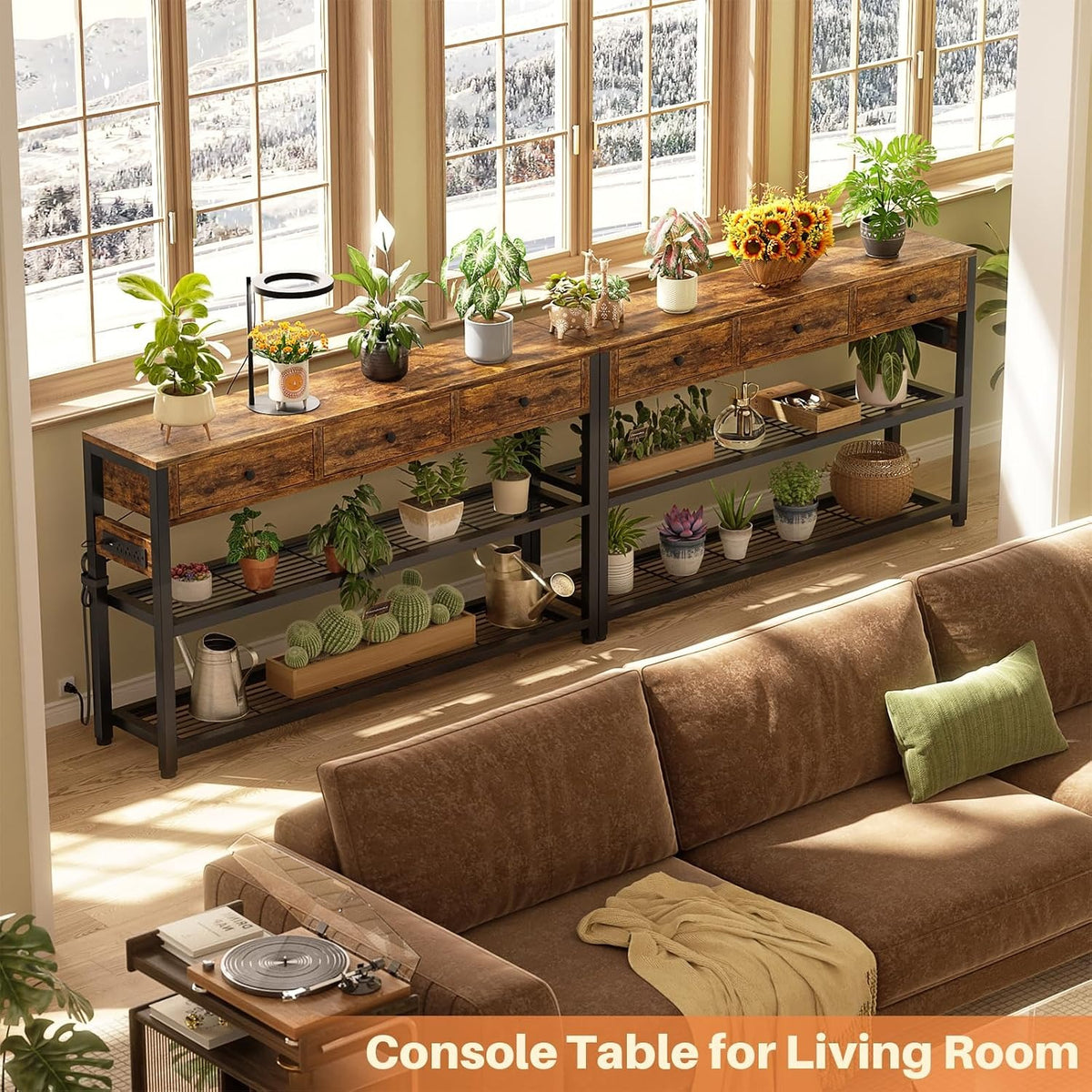Coralie 47" Rustic Entryway Table with Outlets & 3 Drawers