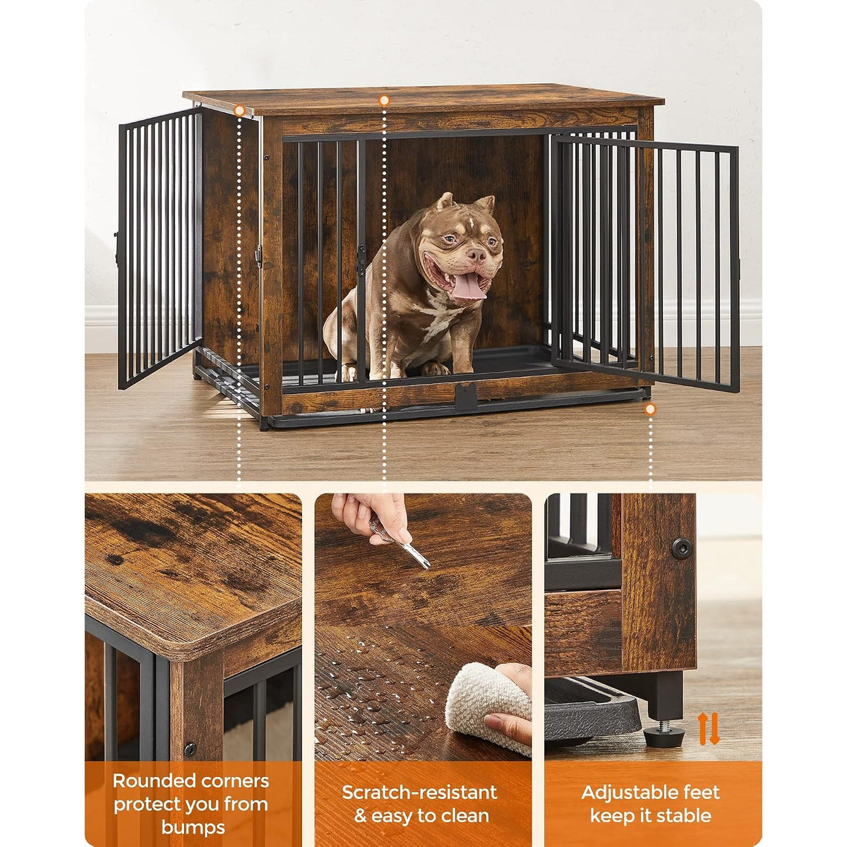Albertina 38" Dog Crate End Table with Double Doors & Pull-Out Tray, Rustic Brown