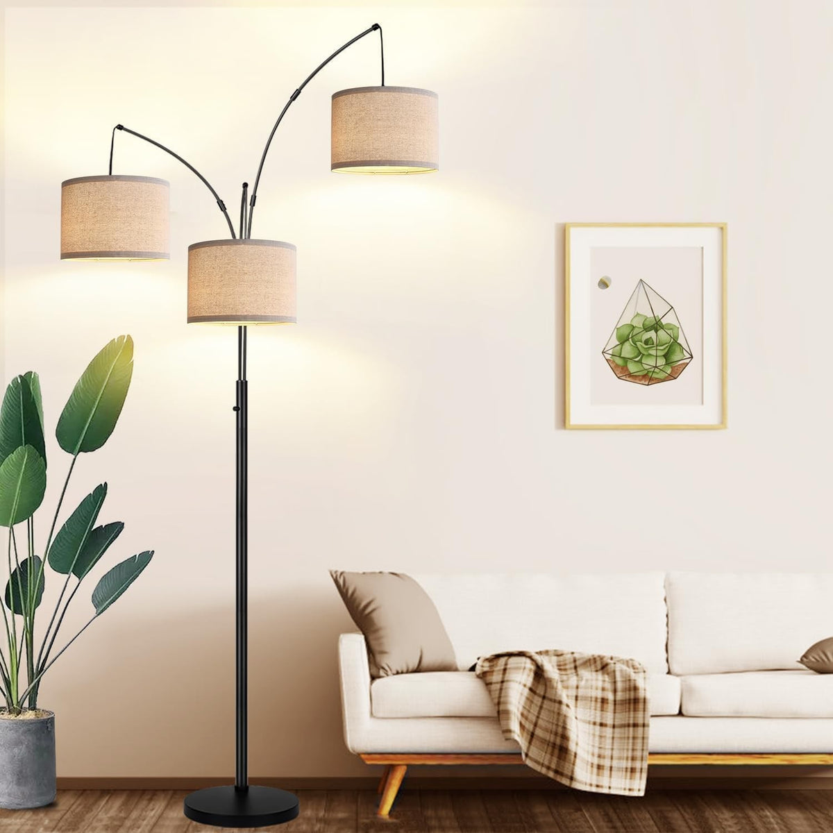 Giselle 3-Light Dimmable Arc Floor Lamp with Beige Linen Shades