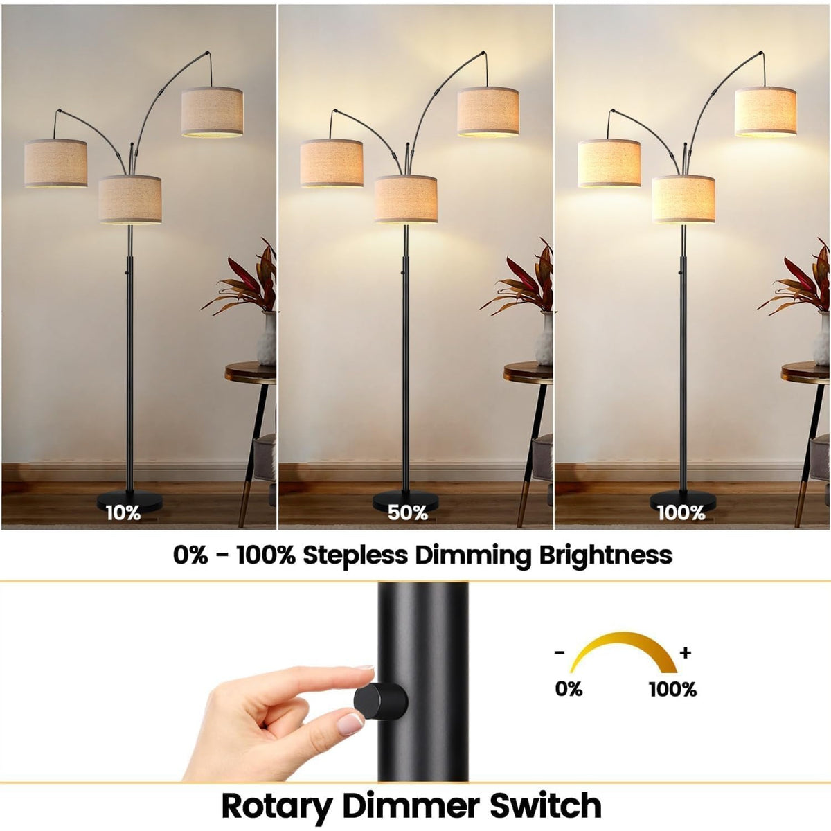 Giselle 3-Light Dimmable Arc Floor Lamp with Beige Linen Shades