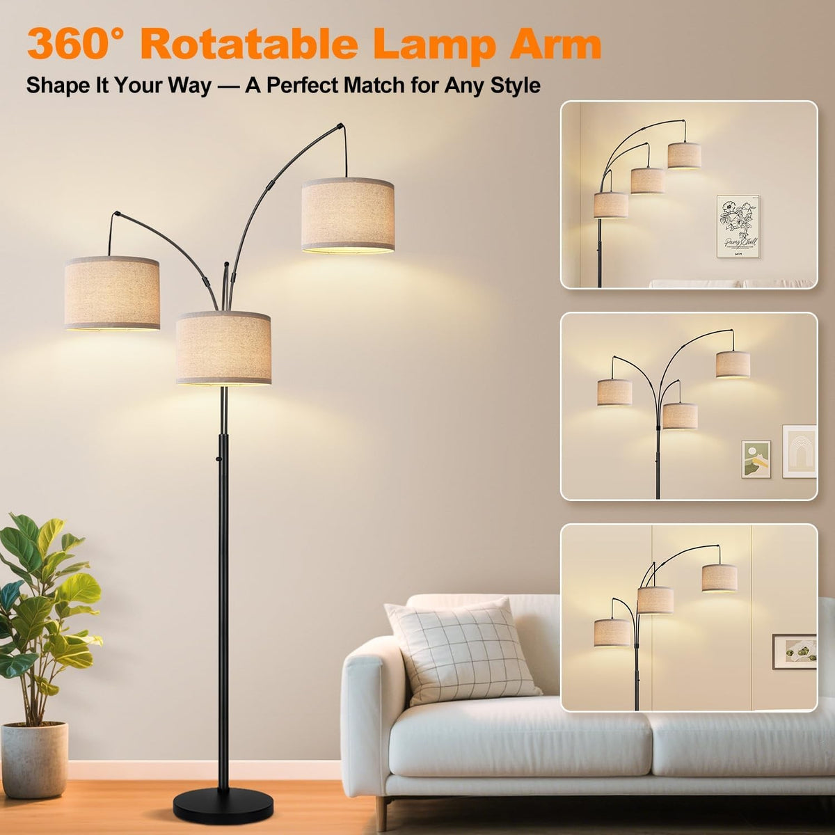 Giselle 3-Light Dimmable Arc Floor Lamp with Beige Linen Shades