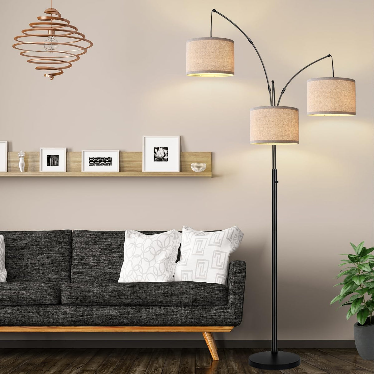 Giselle 3-Light Dimmable Arc Floor Lamp with Beige Linen Shades