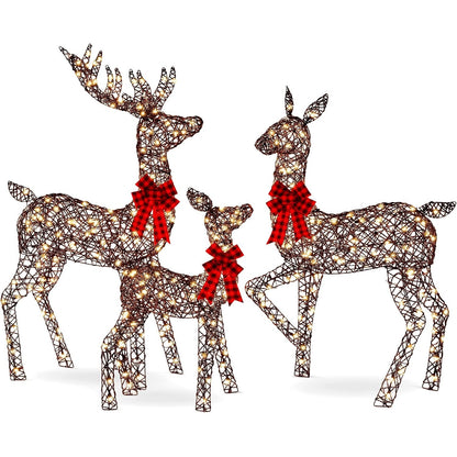 Lighted Christmas Deer Family, 3-Piece Outdoor Reindeer Yard Decoration with 360 Warm White Lights, 5 ft, Rattan – Seraphine