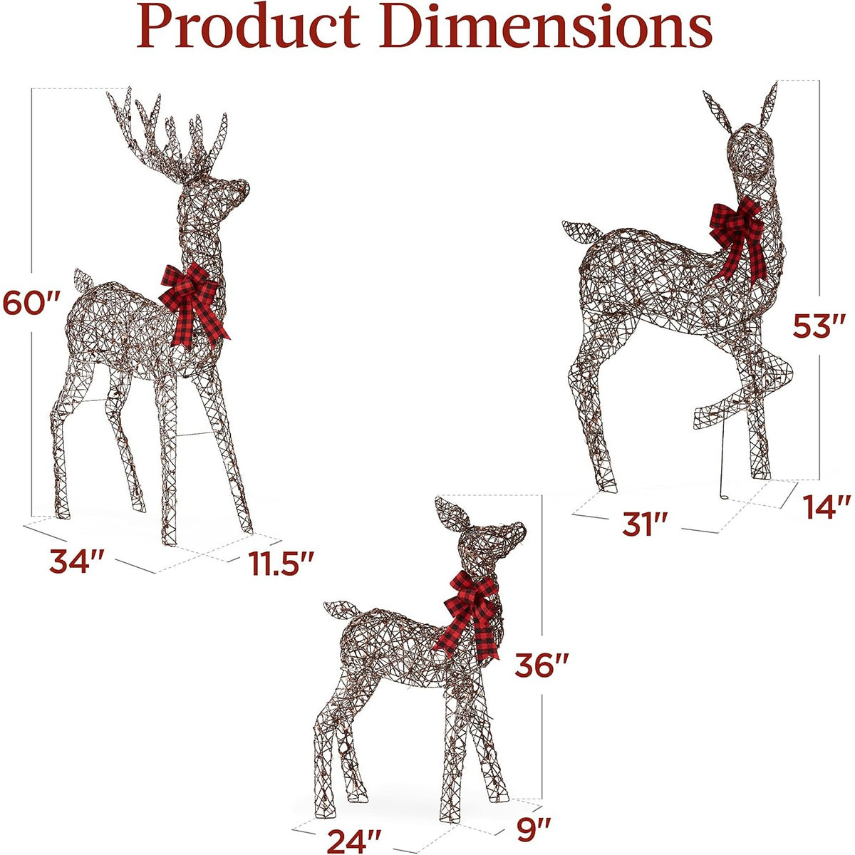 Lighted Christmas Deer Family, 3-Piece Outdoor Reindeer Yard Decoration with 360 Warm White Lights, 5 ft, Rattan – Seraphine