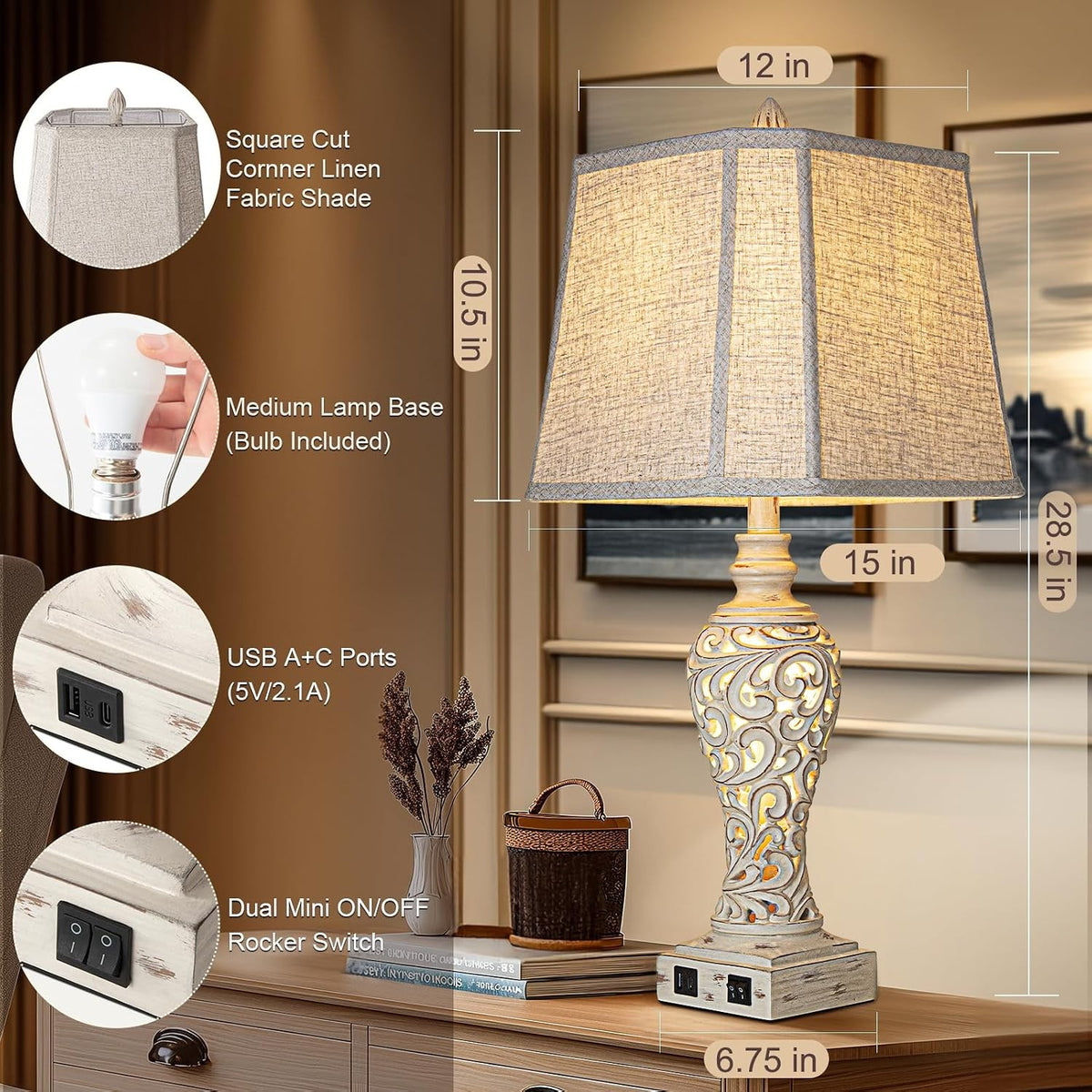 28.5" Table Lamps Set of 2 with Nightlight & USB Ports, Farmhouse Bedside Lamps with Linen Shades, Cream – Leontine