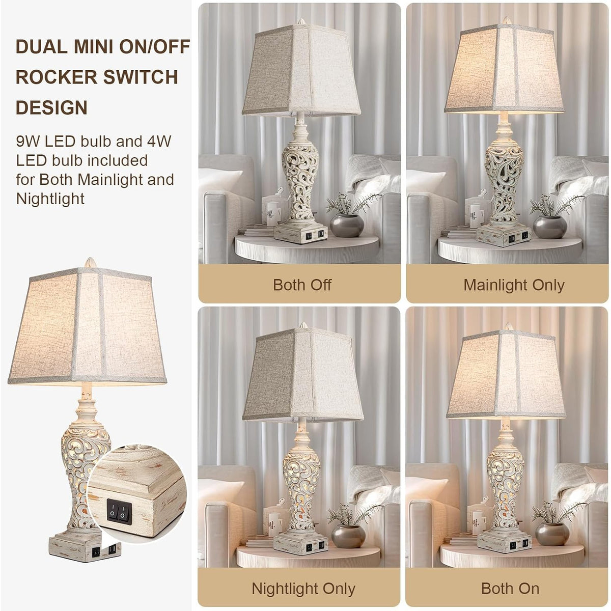 28.5" Table Lamps Set of 2 with Nightlight & USB Ports, Farmhouse Bedside Lamps with Linen Shades, Cream – Leontine
