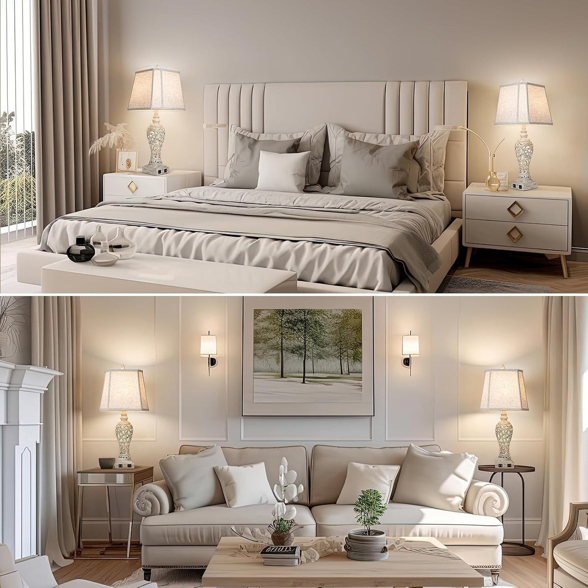 28.5" Table Lamps Set of 2 with Nightlight & USB Ports, Farmhouse Bedside Lamps with Linen Shades, Cream – Leontine