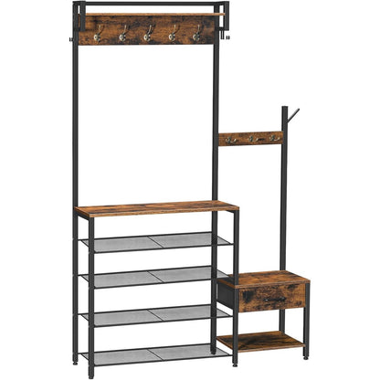 Augustina 4-in-1 Hall Tree with 5-Tier Shoe Rack & Kids' Bench, Rustic Brown