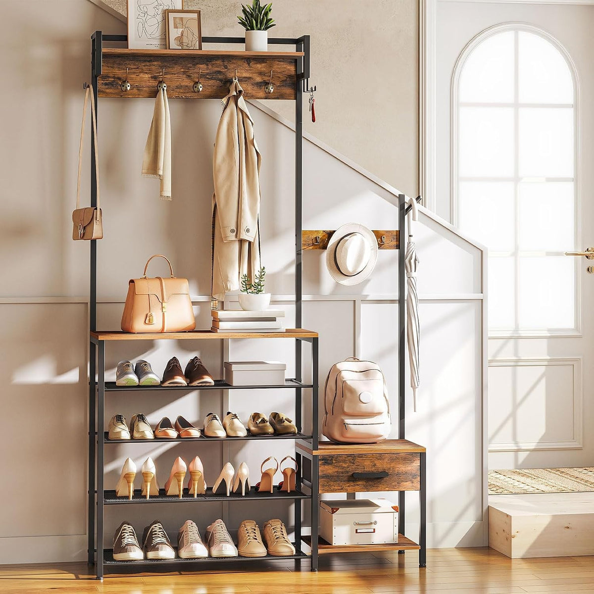 Augustina 4-in-1 Hall Tree with 5-Tier Shoe Rack & Kids' Bench, Rustic Brown