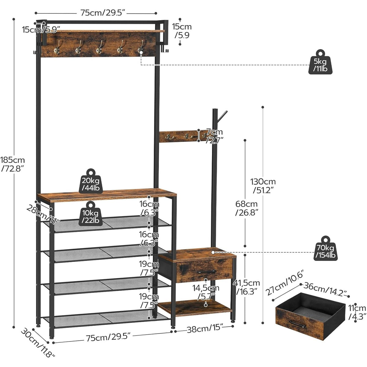 Augustina 4-in-1 Hall Tree with 5-Tier Shoe Rack & Kids' Bench, Rustic Brown