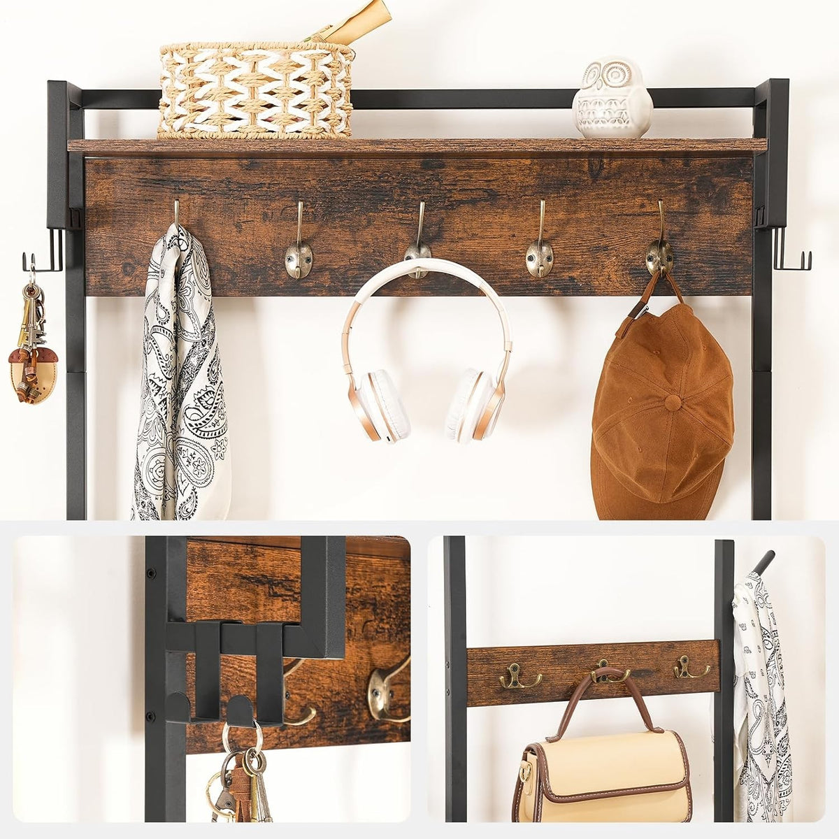 Augustina 4-in-1 Hall Tree with 5-Tier Shoe Rack & Kids' Bench, Rustic Brown