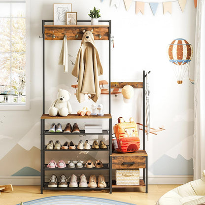 Augustina 4-in-1 Hall Tree with 5-Tier Shoe Rack & Kids' Bench, Rustic Brown
