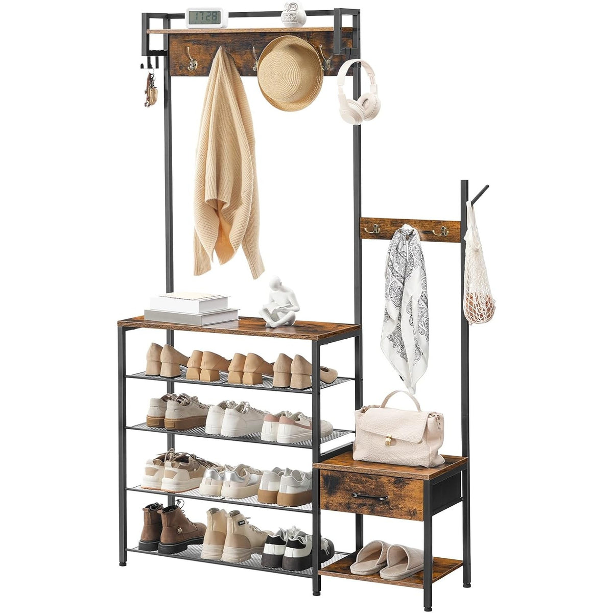 Augustina 4-in-1 Hall Tree with 5-Tier Shoe Rack & Kids' Bench, Rustic Brown