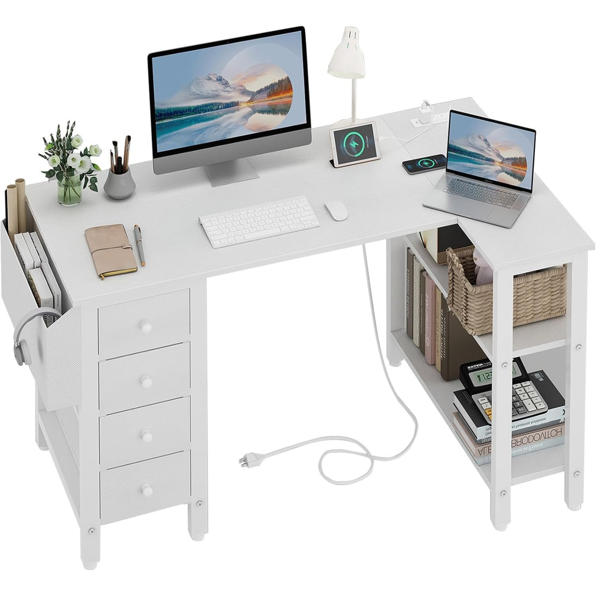 Dorothea White L-Shaped Corner Desk with Drawers, Shelves & Power Outlet