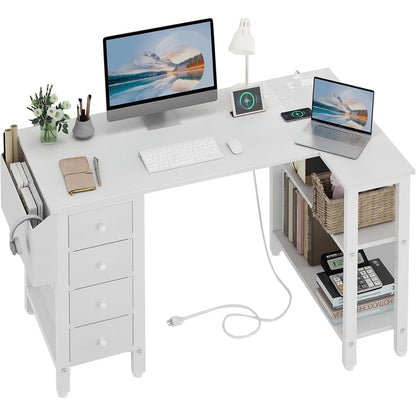 Dorothea White L-Shaped Corner Desk with Drawers, Shelves & Power Outlet