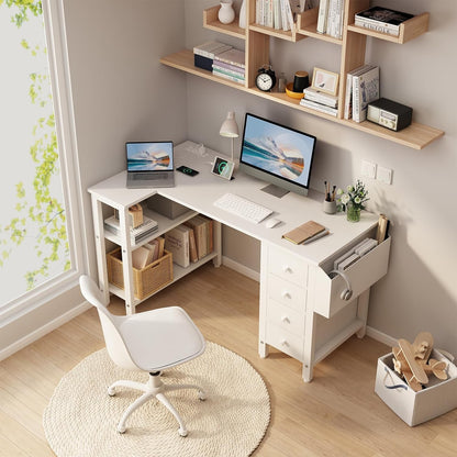 Dorothea White L-Shaped Corner Desk with Drawers, Shelves & Power Outlet