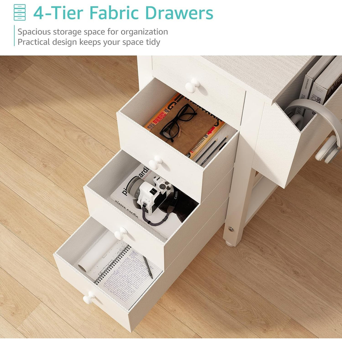 Dorothea White L-Shaped Corner Desk with Drawers, Shelves & Power Outlet