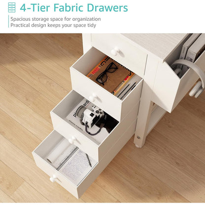Dorothea White L-Shaped Corner Desk with Drawers, Shelves & Power Outlet