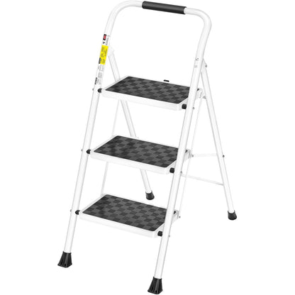 Estella 3-Step Folding Steel Step Ladder with Wide Anti-Slip Steps, White