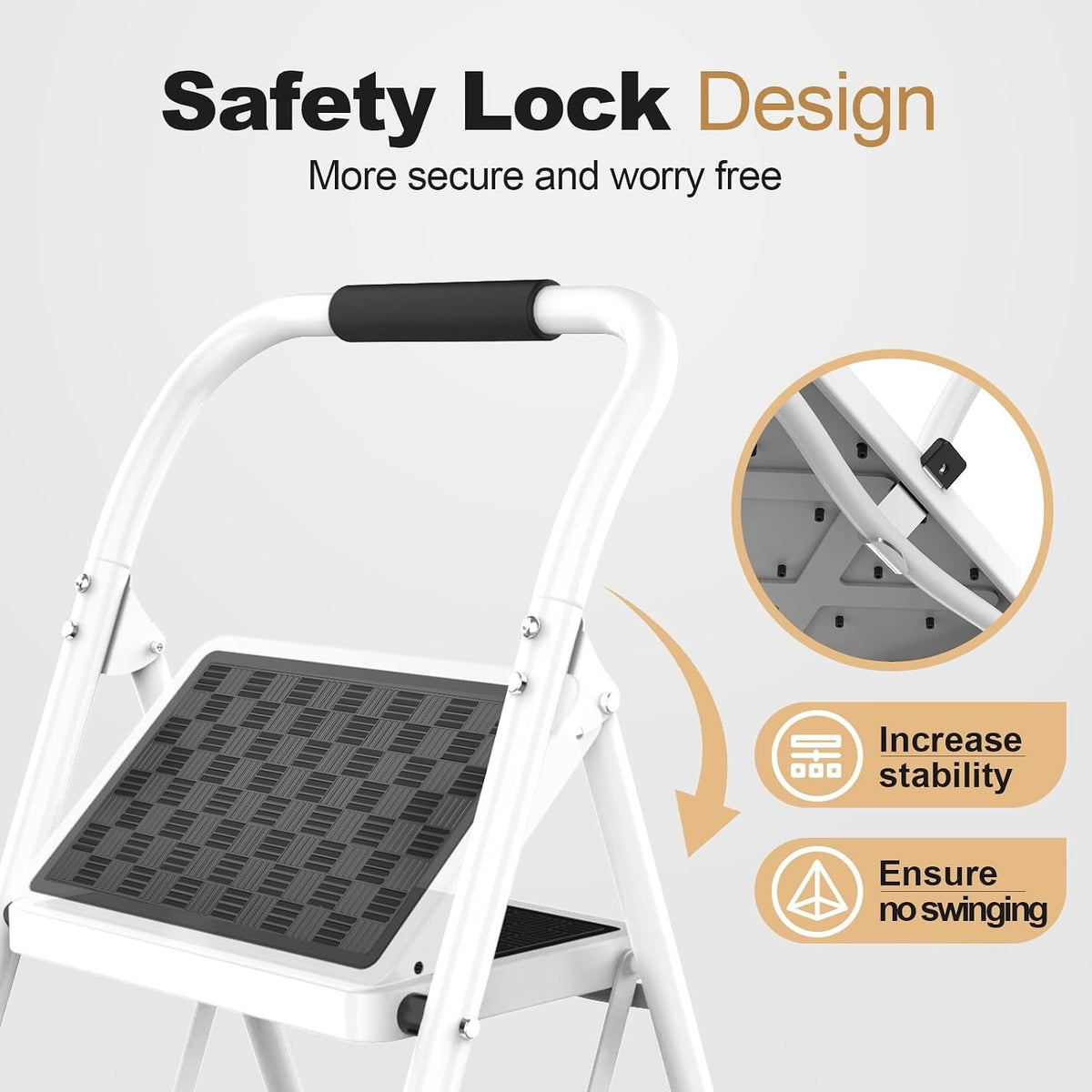 Estella 3-Step Folding Steel Step Ladder with Wide Anti-Slip Steps, White